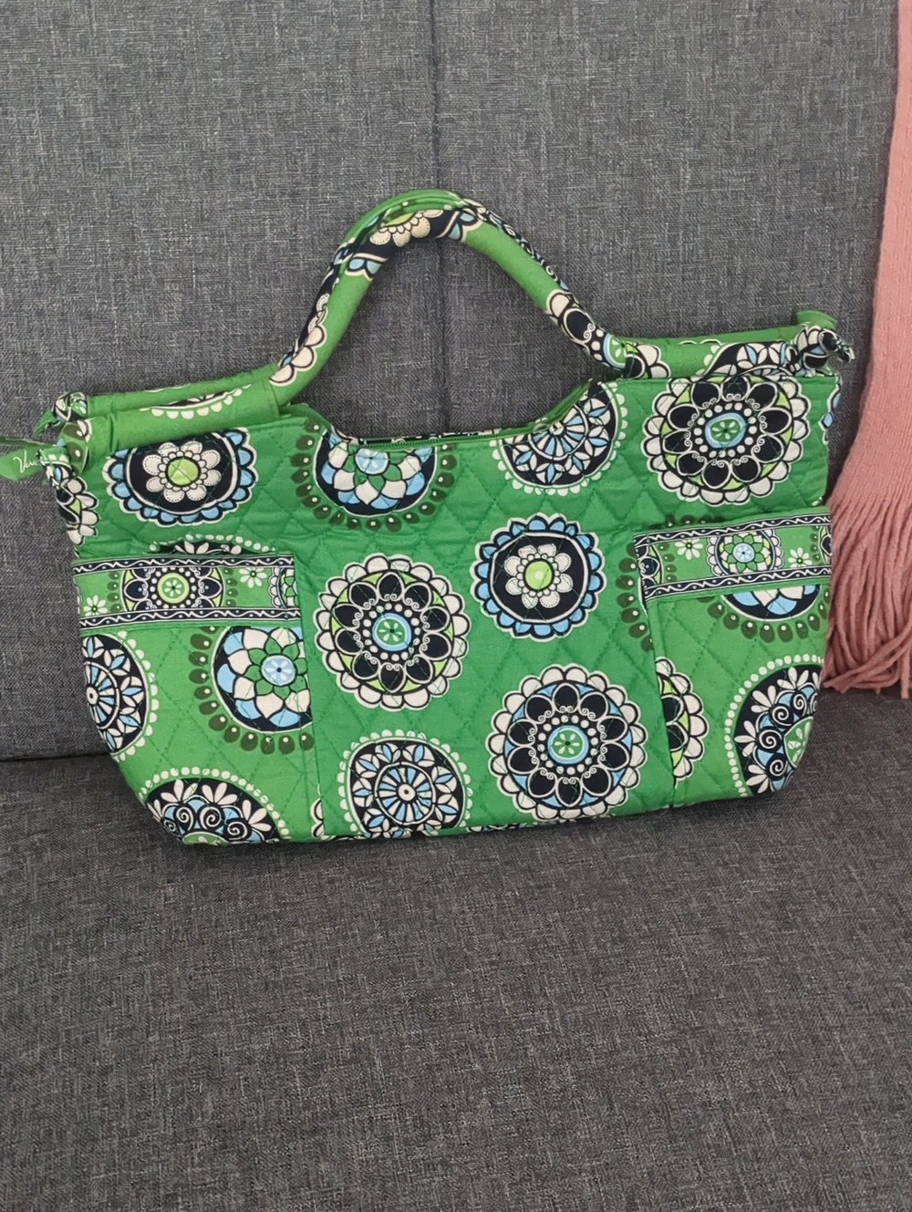 Vera Bradley Green Quilted Tote with Floral Medallions